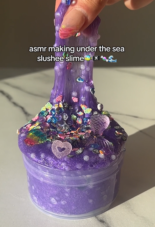 Slushee slime made by Nichole Jacklyne using Victory Pellets sensory craft beads, featured in ASMR video for crunchy texture and creative play