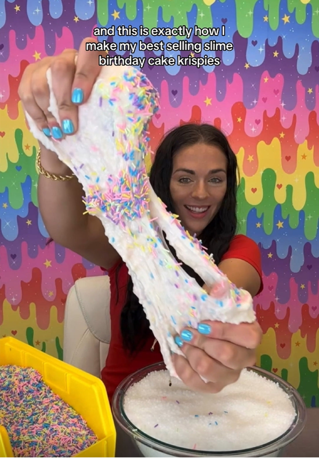 Close-up of Birthday Cake Krispies Slime featuring pastel sprinkles, crunchy foam beads, and creamy texture; inspired by Nichole Jacklyne’s signature slime style
