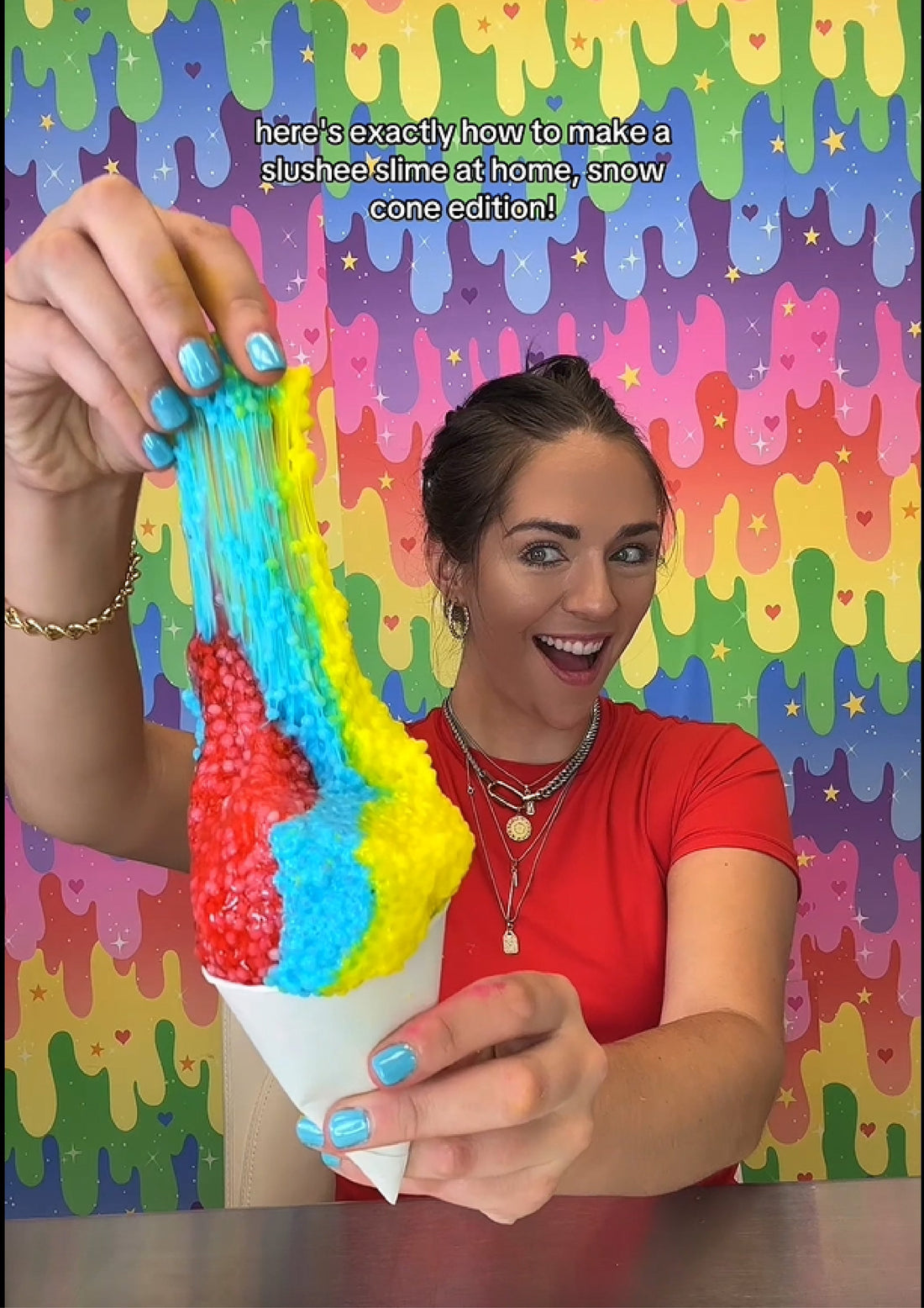 Nichole Jacklyne making Slushee Slime Snow Cone Edition with Elmer’s School Glue, Victory Pellets poly beads, and red, yellow, and blue pigments—layered like snow cone flavors and mixed for ASMR triggers including stretching, popping, and poking