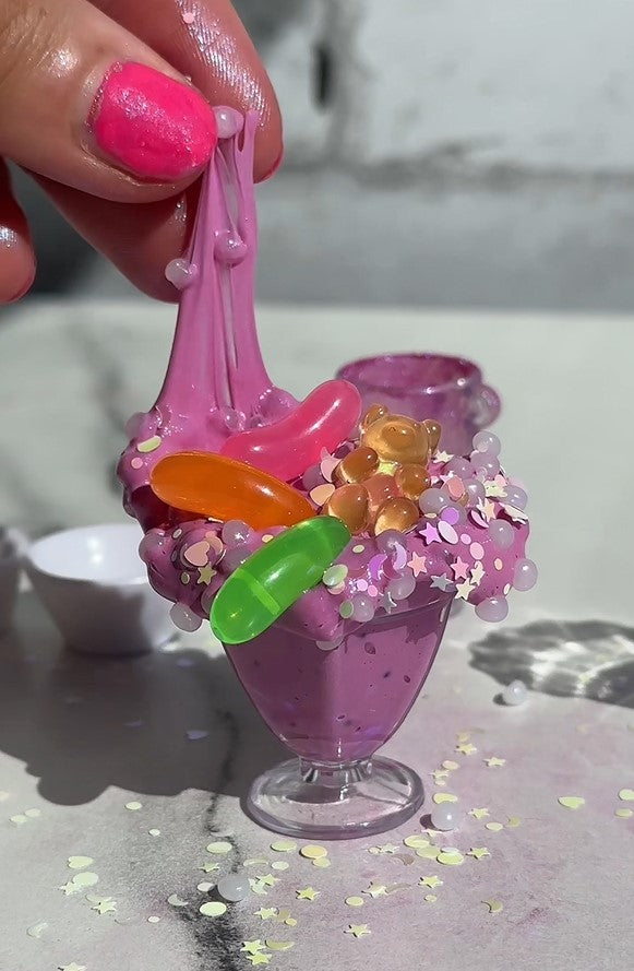 Nichole Jacklyne making World’s Smallest Gummy Bear Slushee Slime with Victory Pellets poly beads, pink pigment, gummy bear charms, and star, moon, heart confetti sprinkles for ASMR play