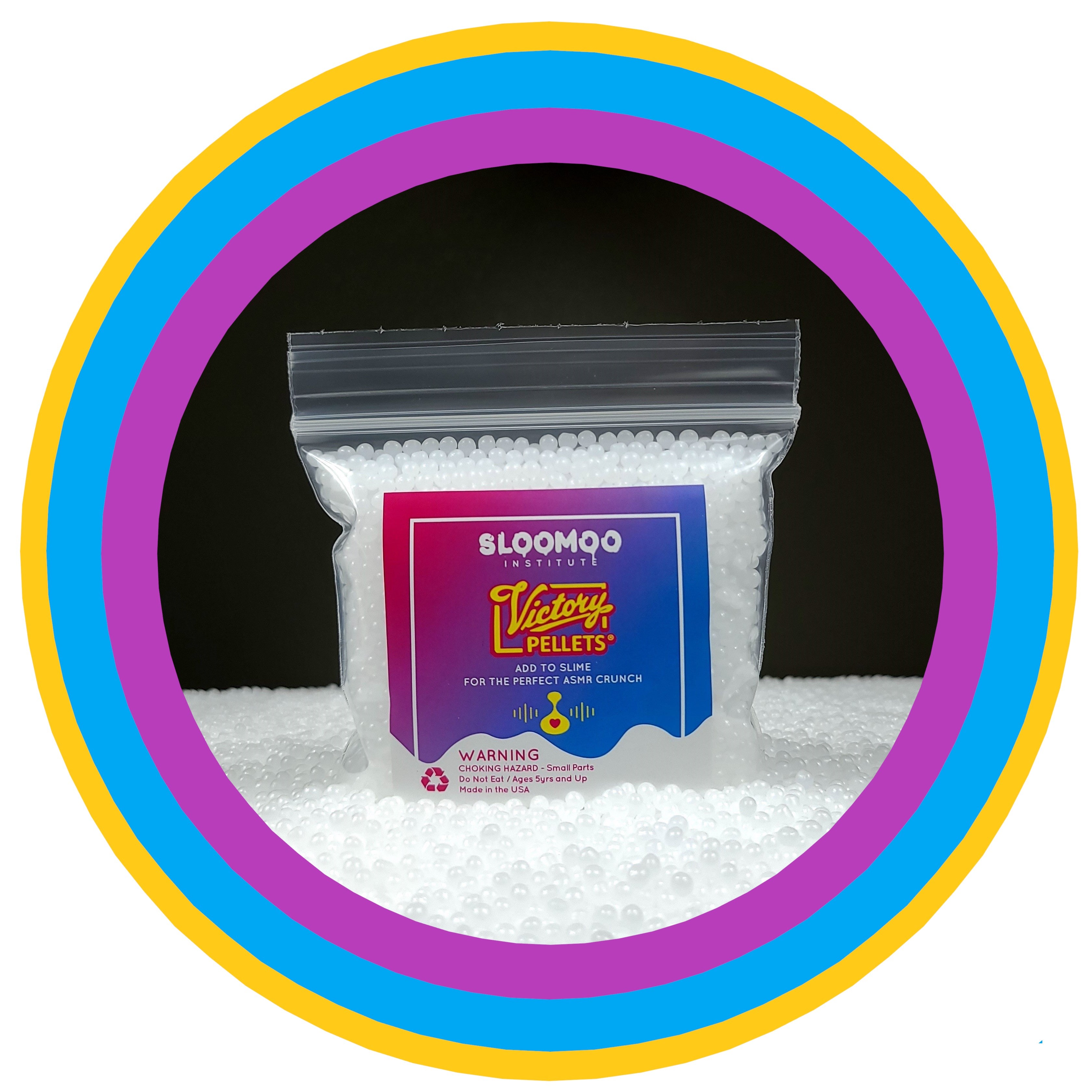 Close-up view of the collaborative packaging between Sloomoo and Victory Pellets, featuring U.S.A. poly pellets-also known as slushee beads-for Slime ASMR