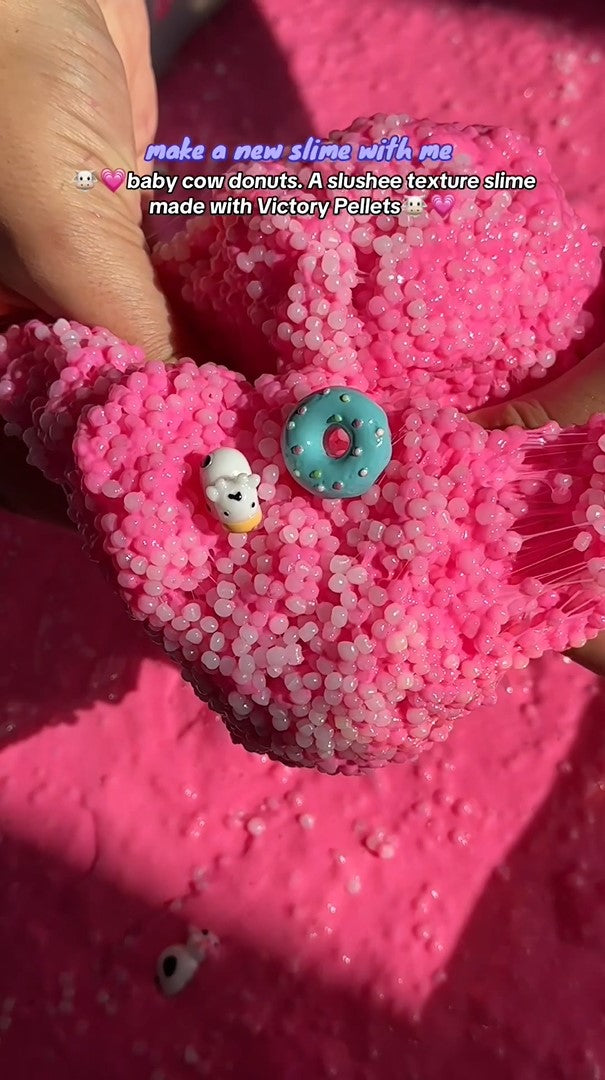 Baby Cow Donuts crunchy slime featuring Victory Pellets plastic pellets, designed for ASMR play and whimsical sensory crafts