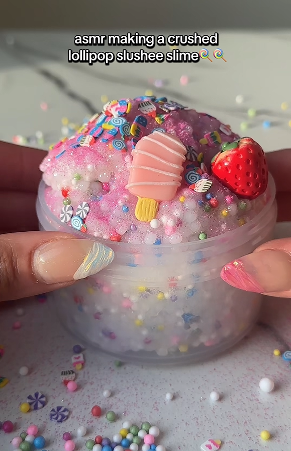 Crushed lollipop slushee slime made by Nichole Jacklyne using Victory Pellets, featured in ASMR video with vibrant texture and candy-inspired crunch