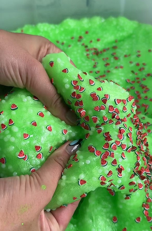 Nichole Jacklyne making Sour Watermelon Slushee Slime with Victory Pellets poly beads, sour watermelon pigment, and cute watermelon slice charms for ASMR play