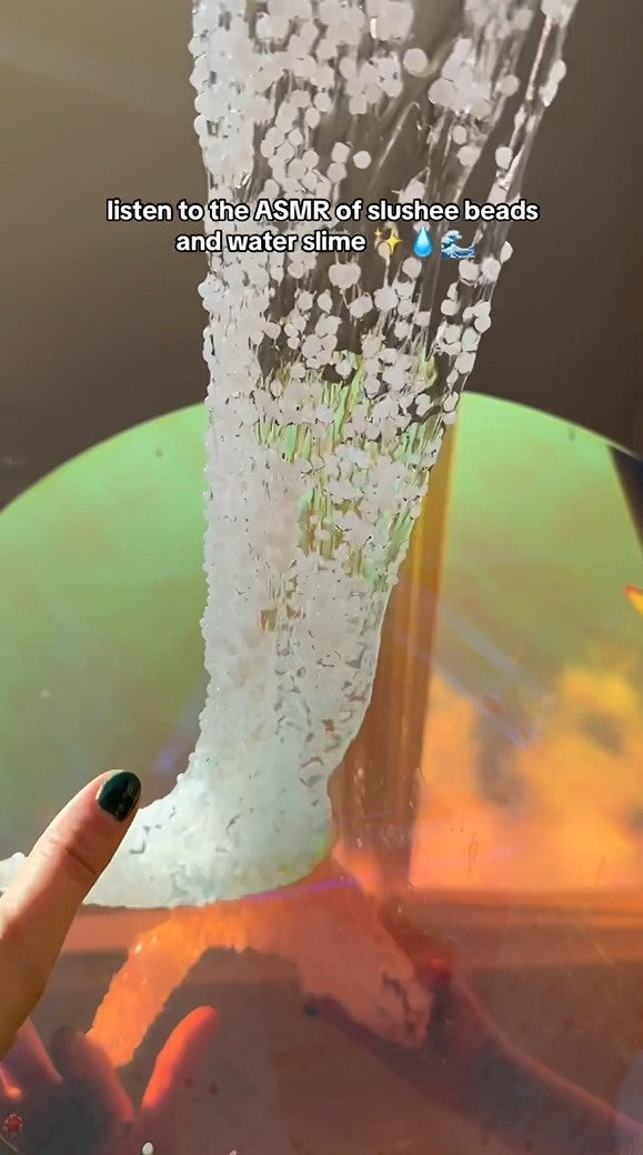 Slushee water slime made by Nichole Jacklyne using Victory Pellets, featured in ASMR video for sensory texture and sound