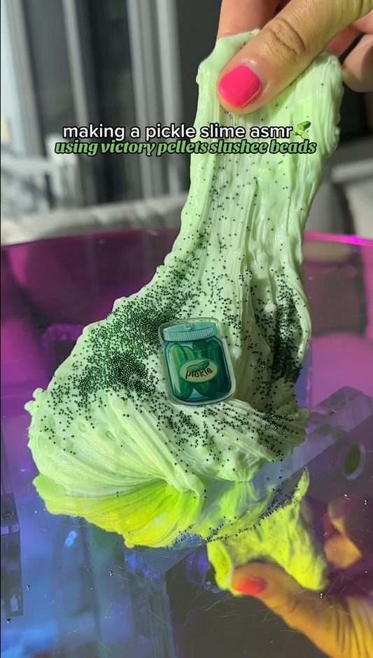 Victory Pellets pickle slushee slime by Nichole Jacklyne, featuring crunchy green beads for ASMR play and weirdly satisfying sensory crafts