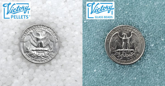 Victory Pellets plastic poly beads and Victory Glass Beads side by side comparison for weighted blankets and stuffed animals