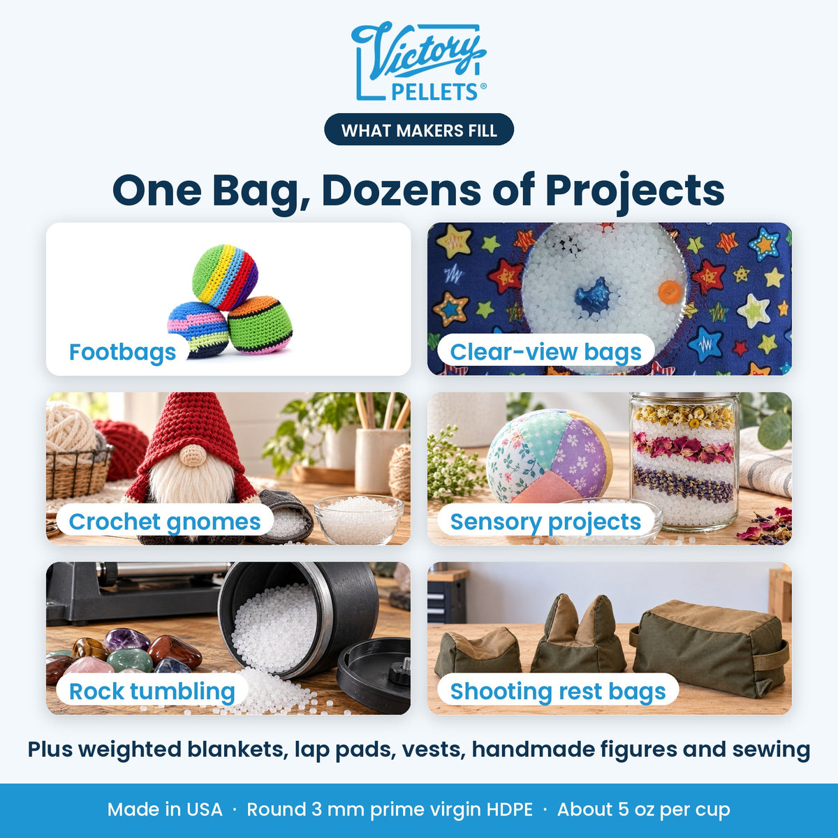 Victory Pellets for footbags, clear-view bags, crochet gnomes, sensory projects, rock tumbling and shooting rest bags.